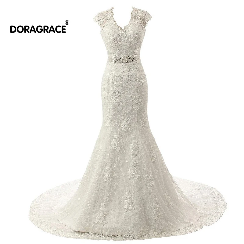 

Doragrace Glamorous V Neck Open Back Mermaid Wedding Dresses Lace Bridal Gowns Court Train
