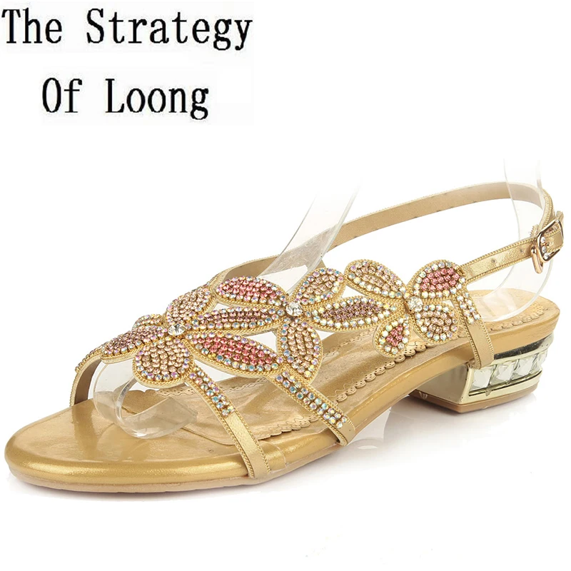 

Women Low Heels Open The Toe Crystal Sandals New Arrival Peep Toe Back Strap Rhinestones Big Size Sandals Plus Size 41 41