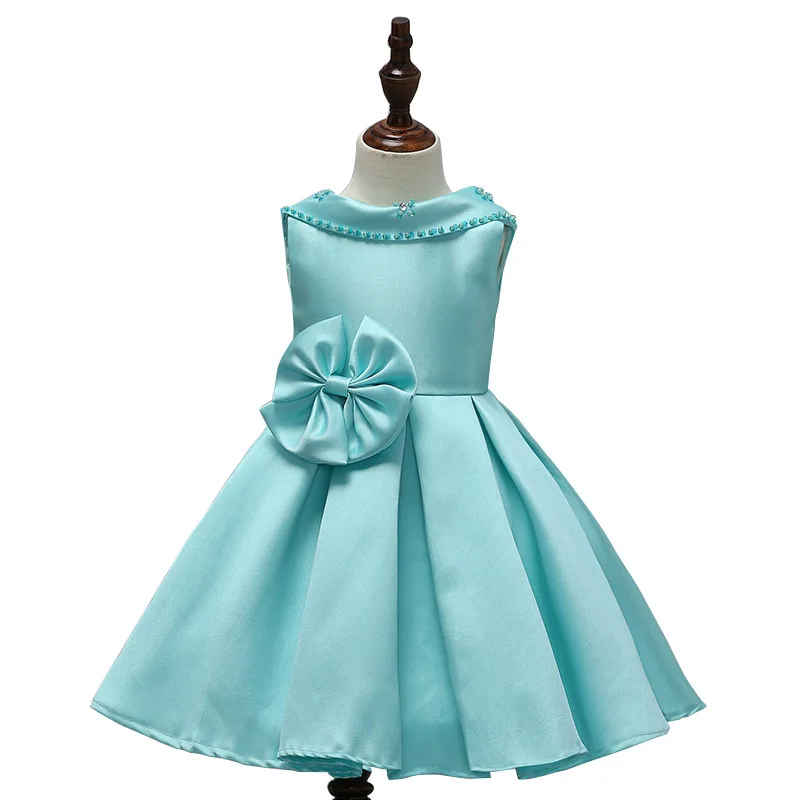 

Sleeveless Shoulder Beaded Pleated Wedding Dress Kids Party for Girl Clothes Flower Leakage Back V-neck Bow Princess Dress