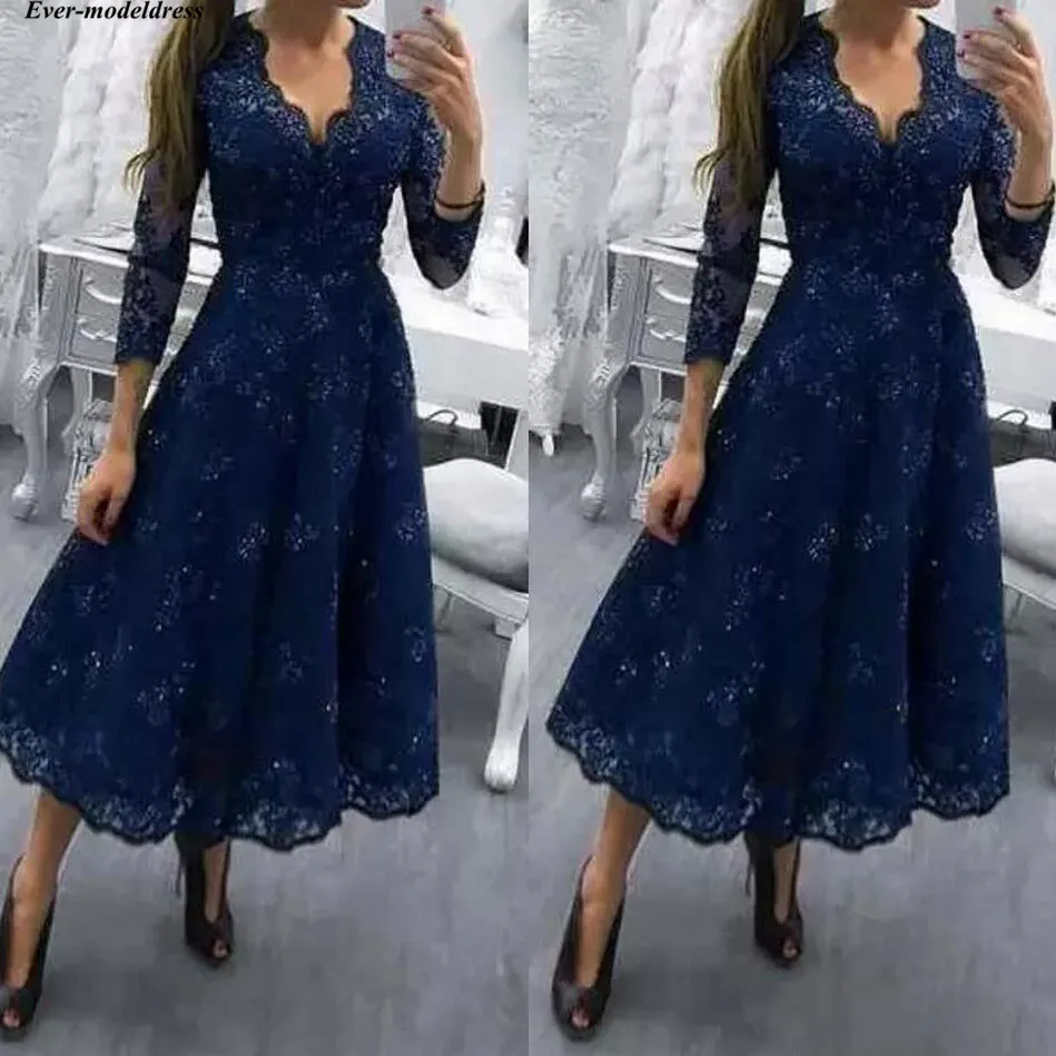 

Navy Blue Lace Mother of the Bride Dresses V Neck Three Quarter Tea Length Formal Wedding Guest Party Gowns Custom Made