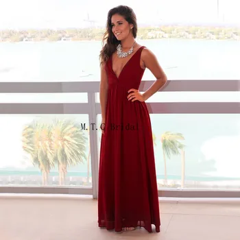 

Elegant Burgundy Chiffon Evening Dress V Neck A Line Floor Length Long Formal Dresses 2019 Custom Made Wedding Party Gowns Cheap