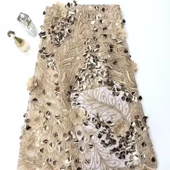 

5 yards high quality with feather embroidered net tulle mesh lace gold french sequins lace fabrics for wedding dress