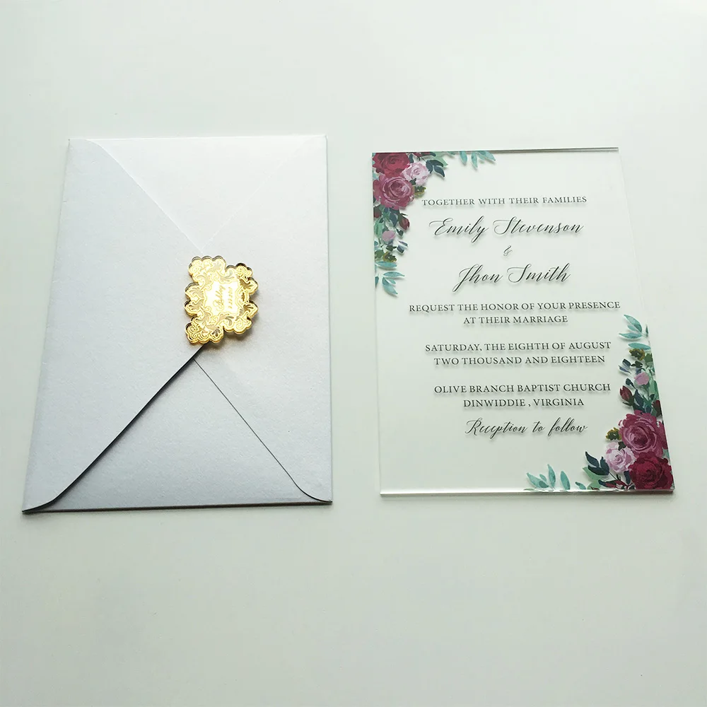  50 Sets Per Lot Burgundy Floral Watercolor Style 5x7inch Frosted Acrylic Wedding Invitation Card - 32871211659