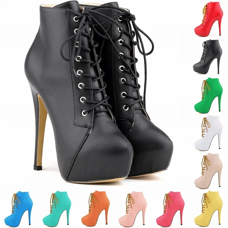 LOSLANDIFEN Women Boots PU Lace Up 14CM Thin Heels Round Toe Waterproof platform Comfort Short Boot Party OL Office Woman shoes