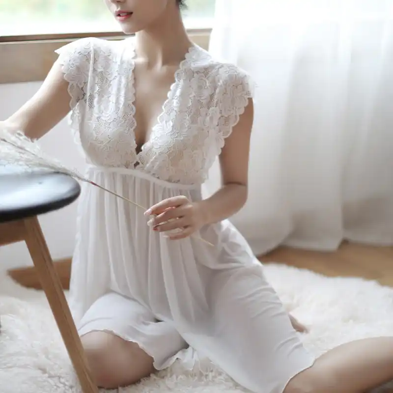 النساء ملابس نوم نسائية بيضاء فستان النوم الخامس الرقبة الدانتيل قصيرة الأكمام مفتوحة الظهر أسود فستان النوم الدانتيل فستان مثير ملابس خاصة
