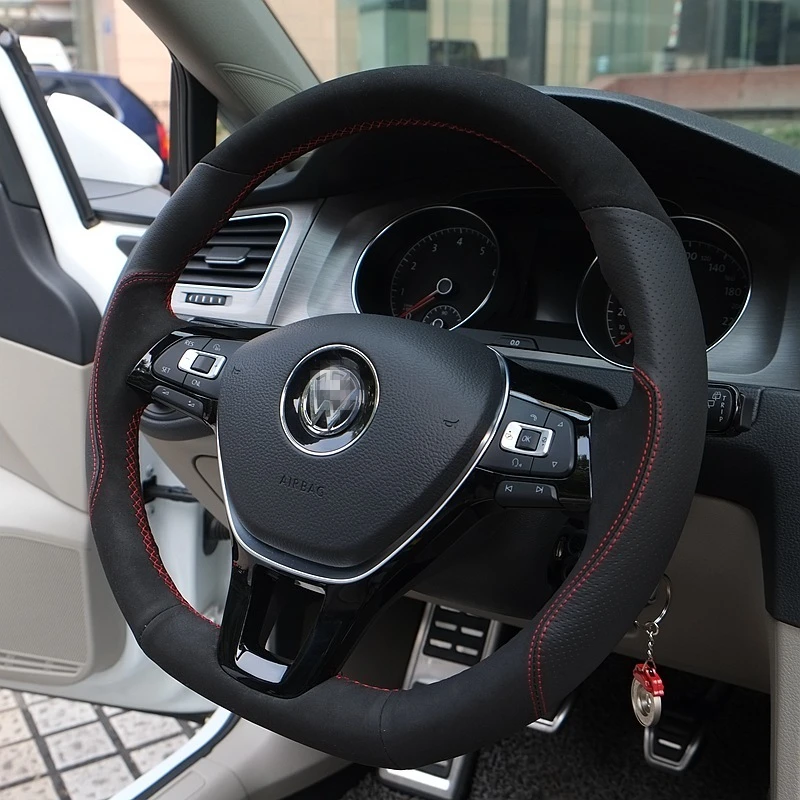 Блестящий пшеничный сшитый вручную черный замшевый черный кожаный чехол на руль для Volkswagen VW Golf 7 Mk7 Polo Jetta Passat B8