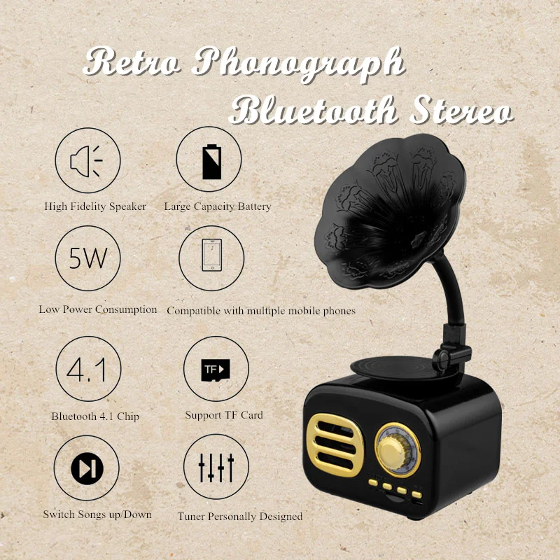 

2019 New YOHOLOO Retro Gramophone Bluetooth Speaker Wireless FM Radio Support FT Cards Long Standby Speakers Good Gift