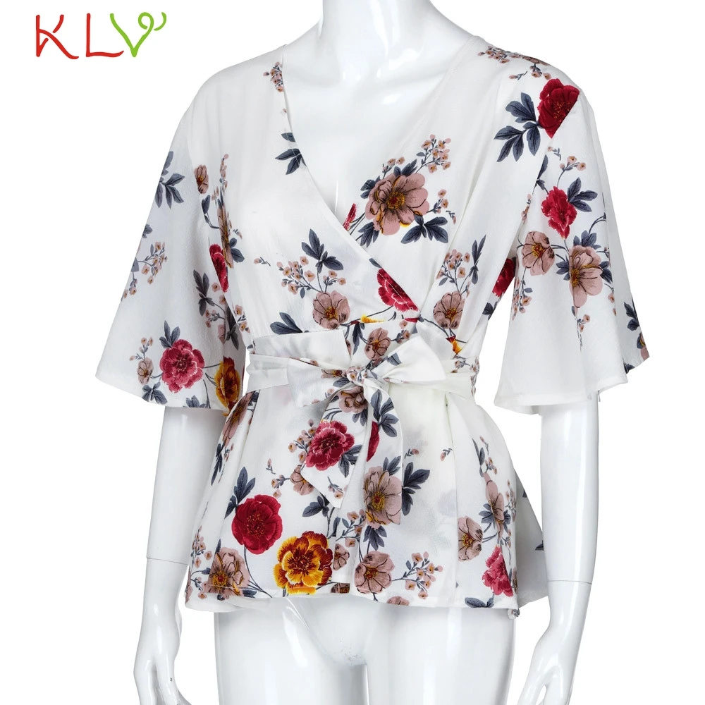 KLV женская блузка размера плюс, сексуальный v-образный вырез, цветочный принт, расклешенный рукав, пояс, оплетка, Пеплум, топы и блузки, blusas feminina