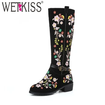 

WETKISS Ethnic Style Delicate Embroider Knee Boots Buckle Strap Women's Autumn Winter Boot Genuine Leather Suede Women Shoes