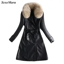 sexemara Новая мода дамы с длинным рукавом теплая ветровка Искусственная кожа длинное платье зимнее пальто Верхняя одежда плюс Размеры