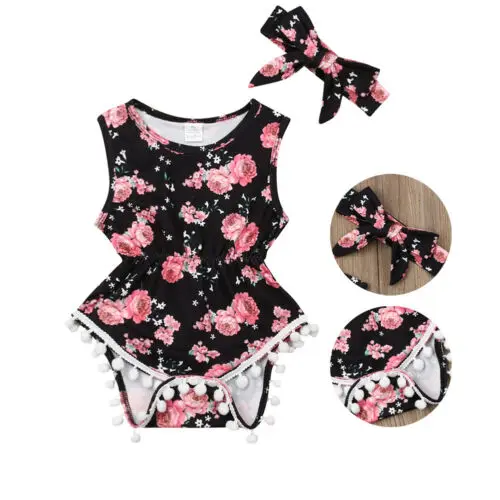 Emmababy Sleeveless Newborn Infant Baby Girls Flower Romper Bodysuit Headband Outfits Set
