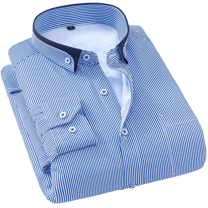 

White Blue Striped Men Shirt Brand Fashion Warm Shirt Dress Men Slim Fit Party Meeting Wedding Male Tops Big Size8XL 7XL 6XL 5XL