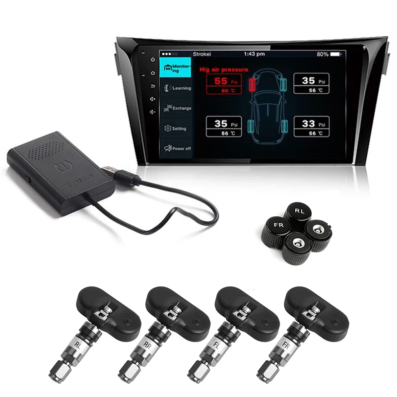 

Car TPMS Android DVD Player USB Connection Monitor Wireless Tire Pressure Monitoring System with 4 Internal/External Tyre Sensor