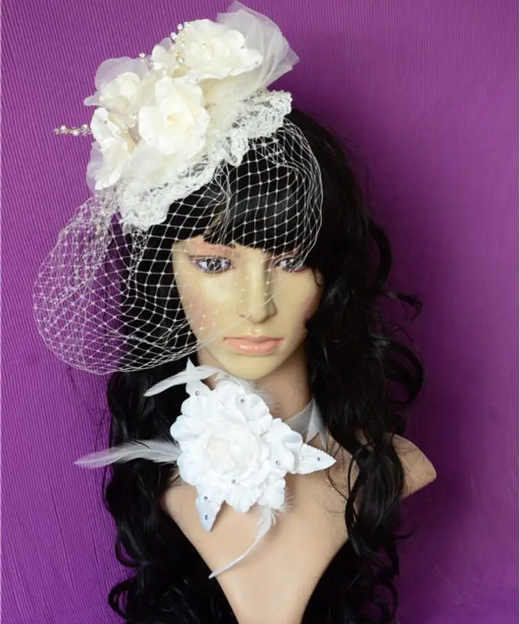 Vintage Linen Lace Bridal Hats 2016 Pearls Lace Flowers Crystal Wedding