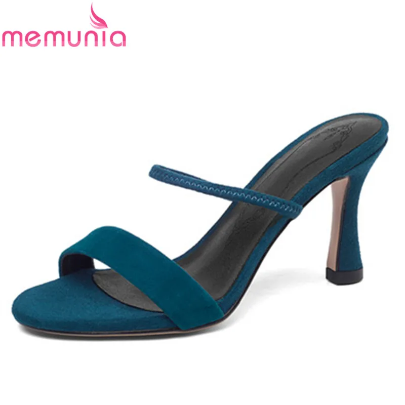 

MEMUNIA 2019 big size 43 women sandals suede leather shoes thin high heels ladies party wedding shoes solid colors mules shoes