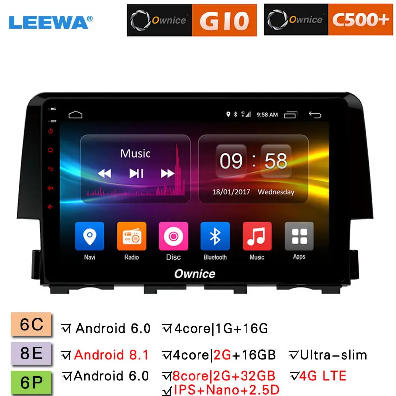 Discount LEEWA 9 " Android 8.1 8-Core/DDR3 2G/32G/Support 4G LTE Car Media Player With GPS/FM/AM RDS Radio For Honda Civic 2016-2017 0