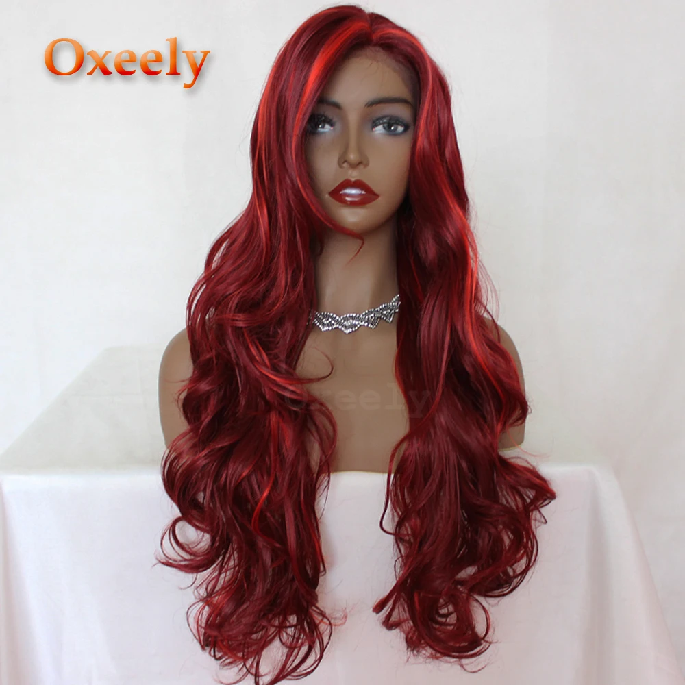 Oxeely Body Wavy Synthetic Lace Front Wig Long Hair Red/Burg Hair Free/Side Part Glueless Front Lace Wigs for Black Women