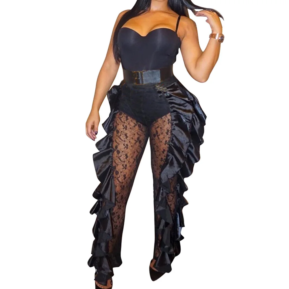 Sexy Off Shoulder Lace Patchwork Jumpsuit Women See Through Mesh Ruffles Bodycon Romper Club Party One Piece Jumpsuits Overalls