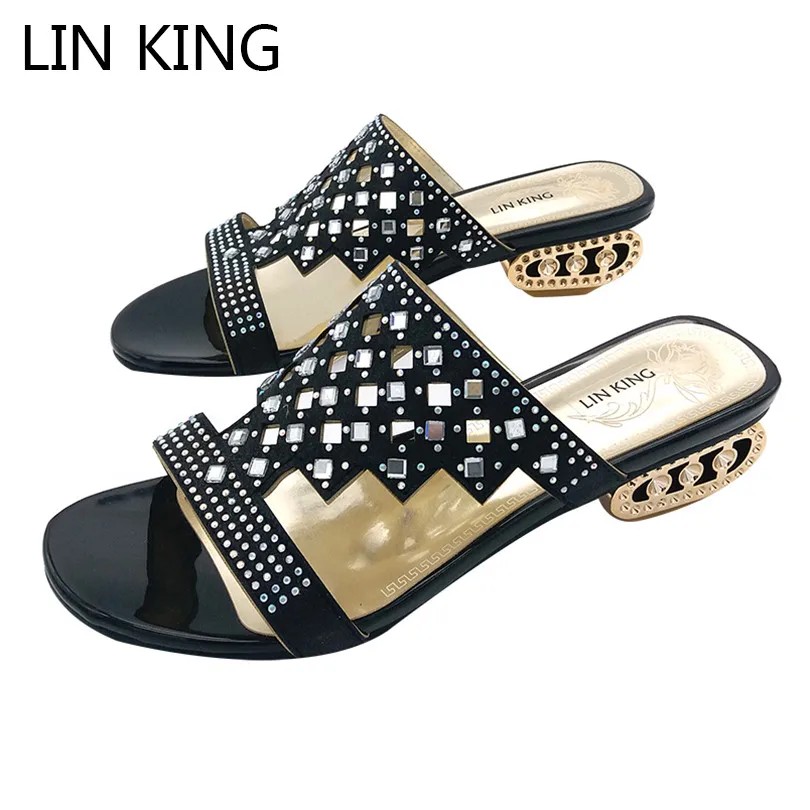 

LIN KING New Design Pierced Rhinestone Women Slippers Bohemia Glitter Slides Fashion Square Heel Summer Party Slippers Big Size
