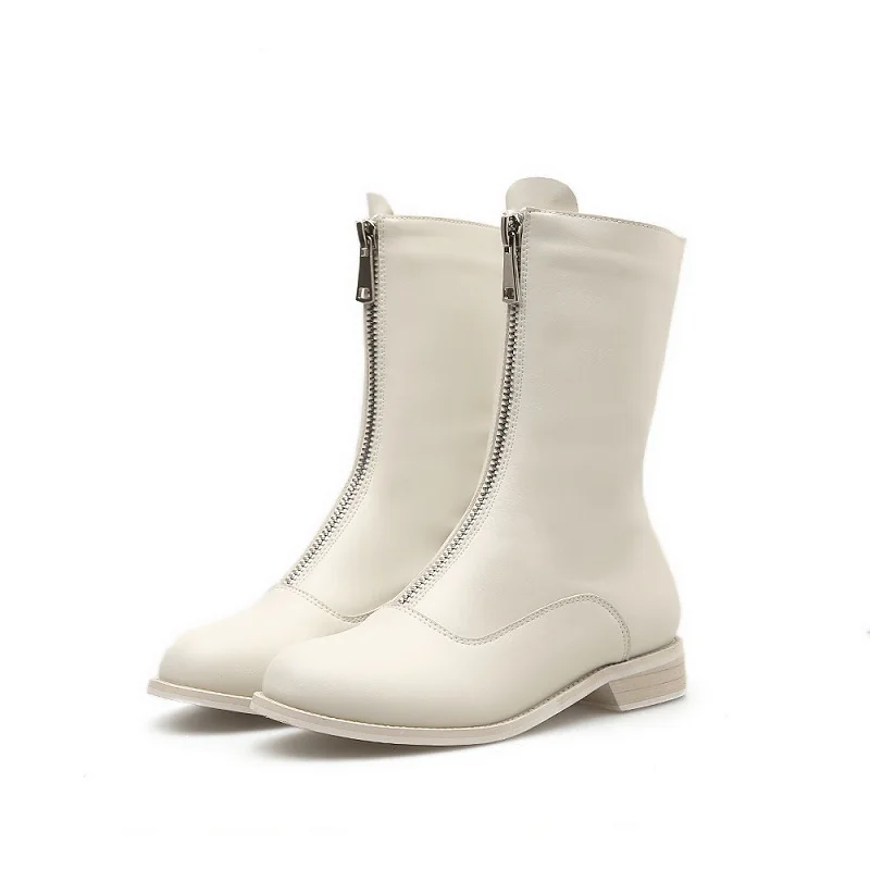 

2018 autumn and winter new Europe and America wild front zipper leather Martin boots women's booties white 0115
