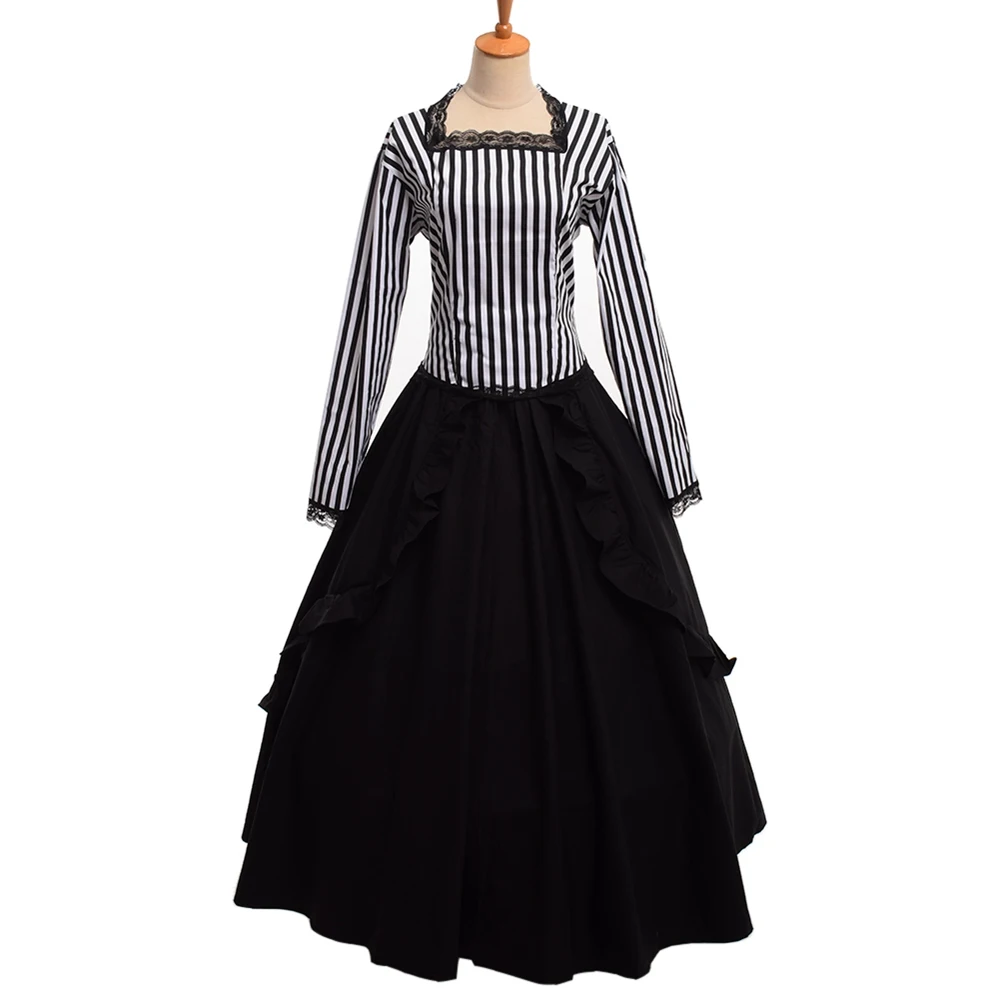 

Retro Gothic Victorian White Black Stripe Dress Steampunk Reenactment Costume