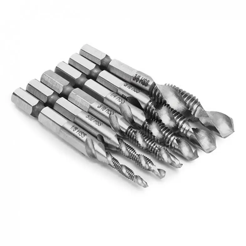 6pcs 1/8-3/8 Inch HSS Combination Drill Tap Bit Set 1/4 Inch Hex Shank Deburr Countersink Bits tool accessories