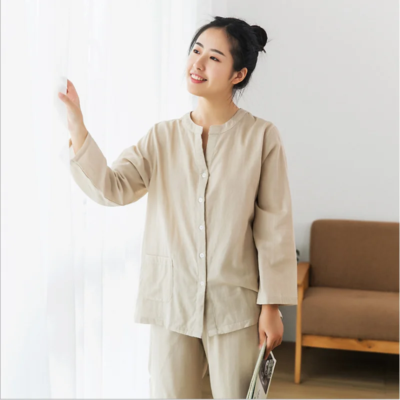 

2019 Autumn Homewear Couples Casual Pajama sets Female 100% Double Cotton Yarn Sleepwear suit Women V-neck Collar coat + Pants