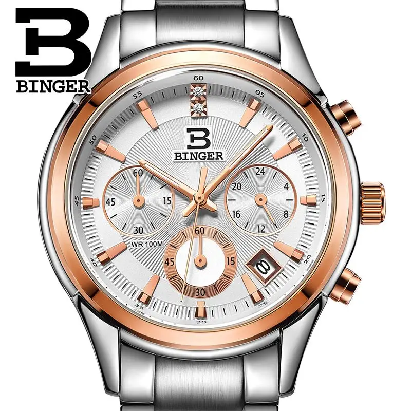 

Switzerland BINGER Men's Watch Luxury Brand Quartz Waterproof Men Watches Full Stainless Steel Chronograph Clock BG6019-M5