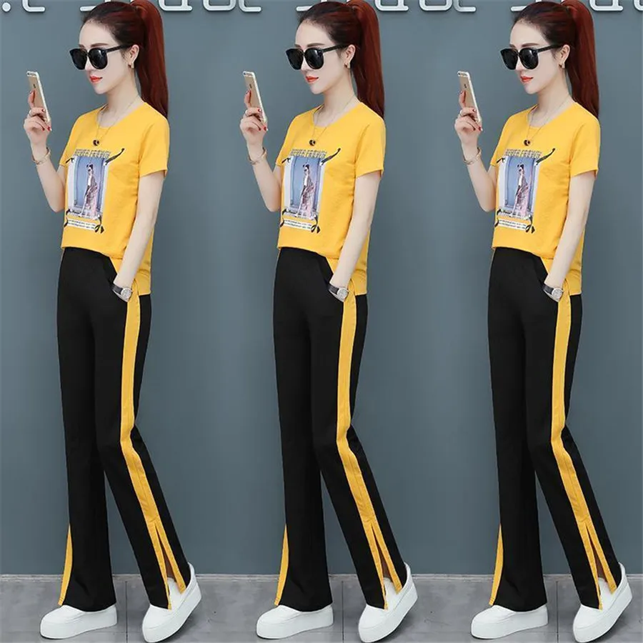 

Women Casual Summer Streetwear 2 Piece Short Sleeve T shirt tops and Wide leg long pants Tracksuits Set track suit outfits