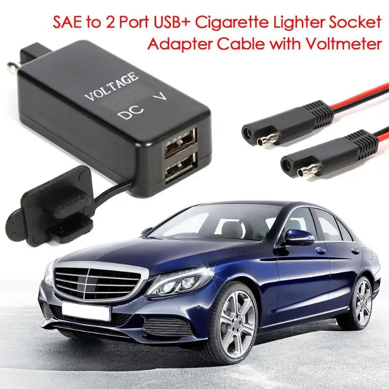 

DC12-24V SAE to 2 Port USB+ Auto Car LED Display Cigarette Lighter Socket Adapter Cable with Digital Voltmeter