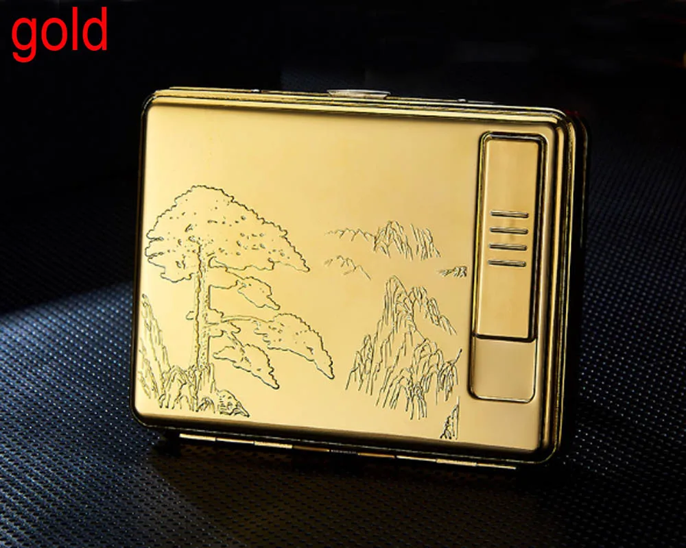 USB lighter cigarettes case for 20 cigarettes pac - Цвет: gold pine