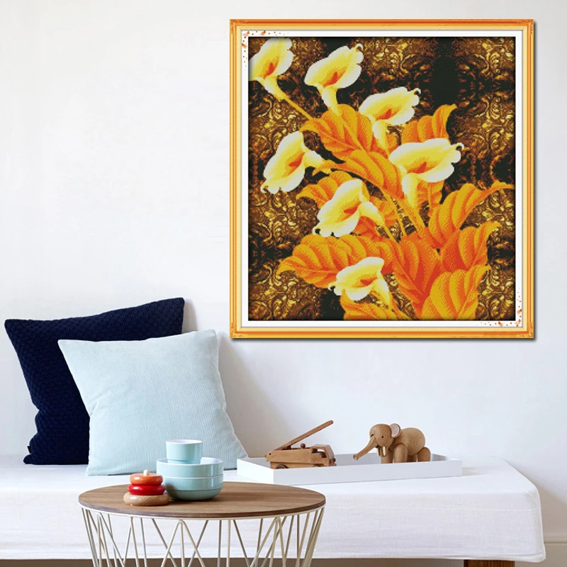 Joy Sunday,Golden callas,Cross stitch embroidery,printing cloth embroidery kit,Printed cross stitch,Flower picture cross stitch (4)