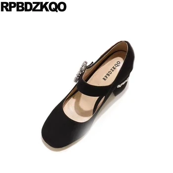 

thick rhinestone 8cm mary jane patent leather high heels strap black luxury ladies pumps diamond pink crystal shoes square toe