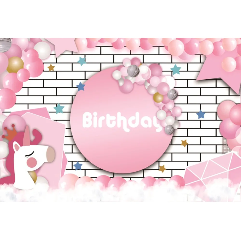 

Laeacco Balloons Birthday Brick Wall Unicorn Baby Children Cartoon Scenic Photo Background Photography Backdrop For Photo Studio