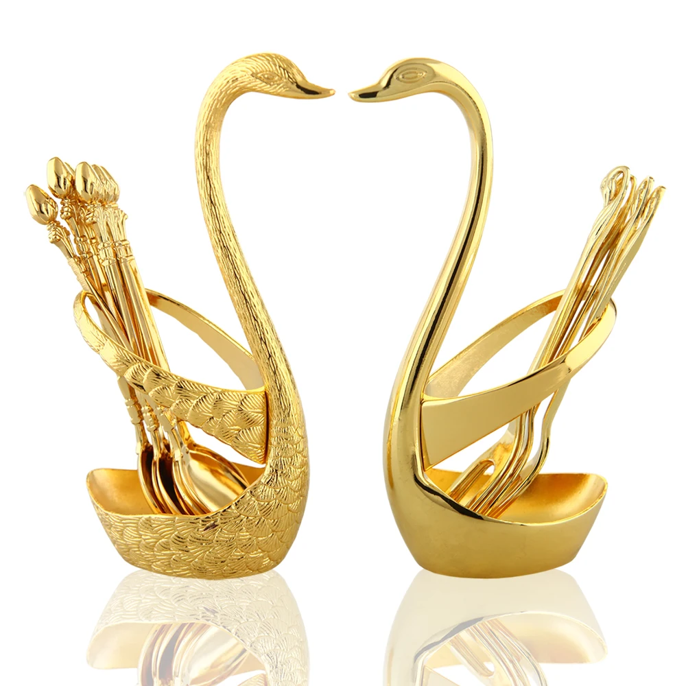 

Coffee spoon set Fruit fork set (6+1) with swan stand metal Dessert forks set