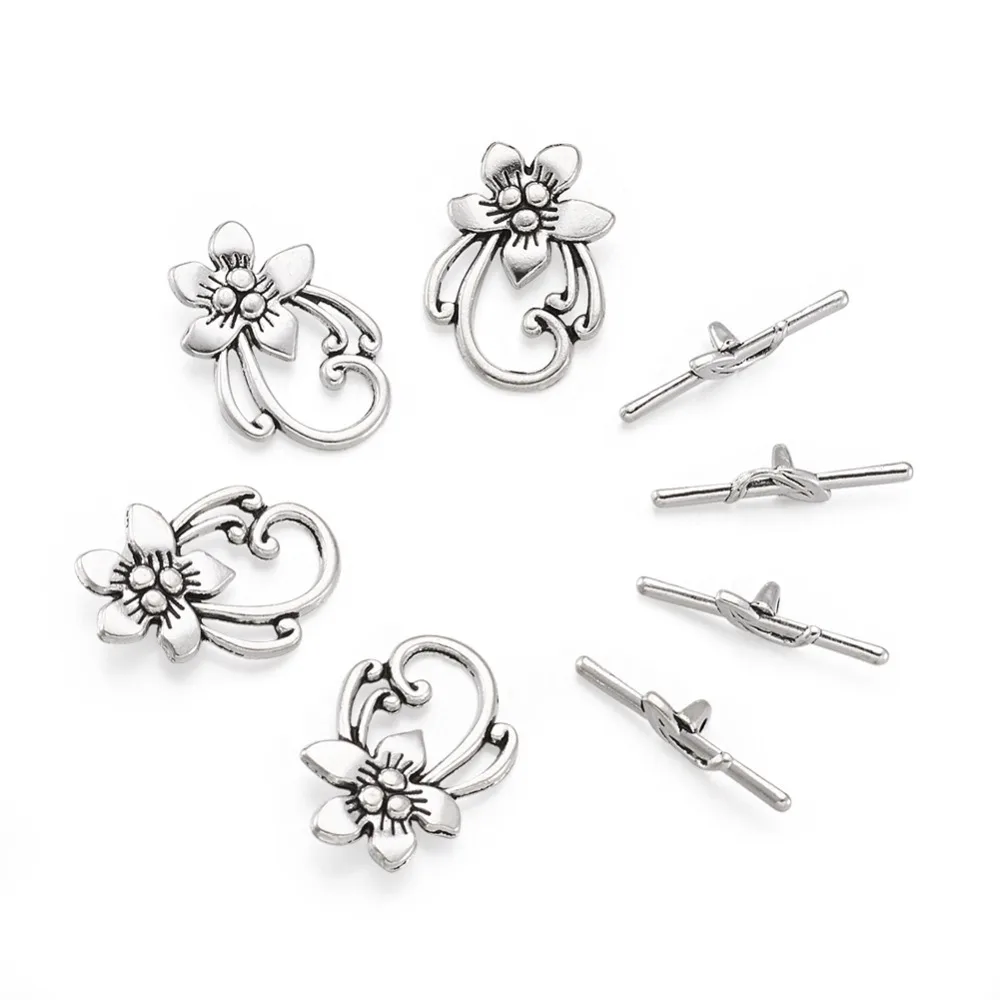

50Sets Antique Silver Plated Flower Tibetan Silver Toggle Clasps for Jewelry Component, Lead Cadmium Free, Toggle: about 20x28mm