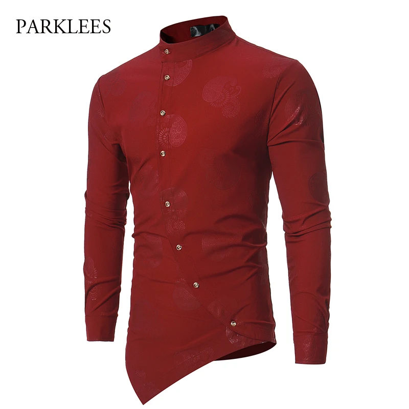 

Paisley Floral Shirt Men Chemise Homme 2017 Fashion Irregular Slant Button Design Mens Dress Shirts Casual Slim Fit Men Shirt