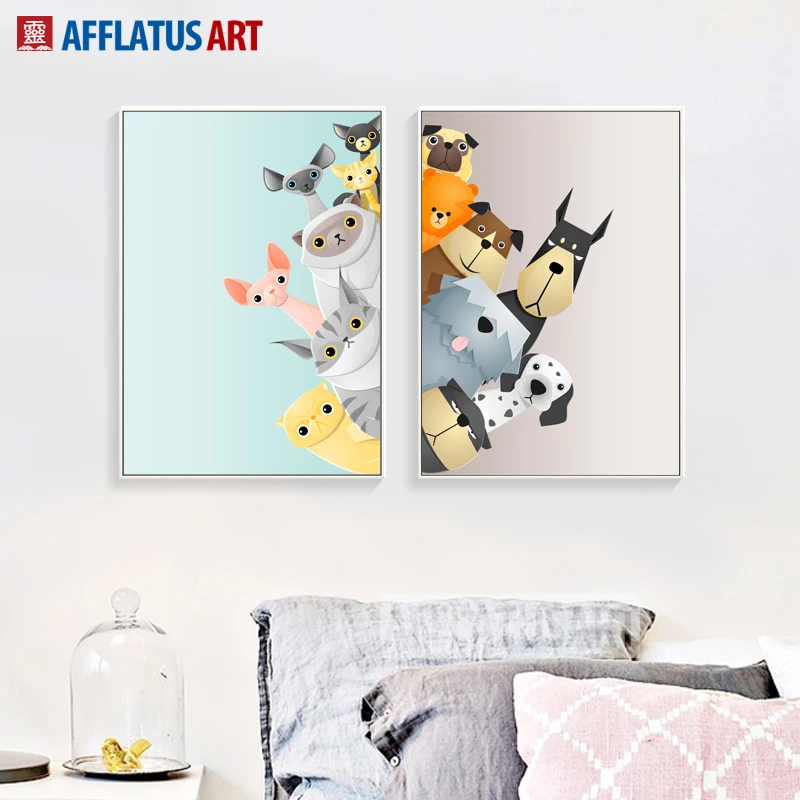 

AFFLATUS Cat Dog Observe Nordic Poster Canvas Painting Wall Art Canvas Posters And Prints Wall Pictures For Kids Room Home Decor
