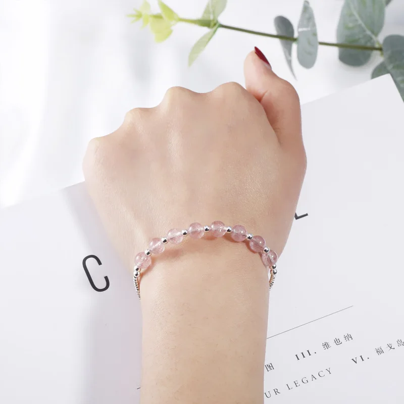 Sales Original Handmade Strawberry Crystal Bracelet S925 Pure Silver Hand Jewellery Women Natural Crystal Sweet Silver Jewelry