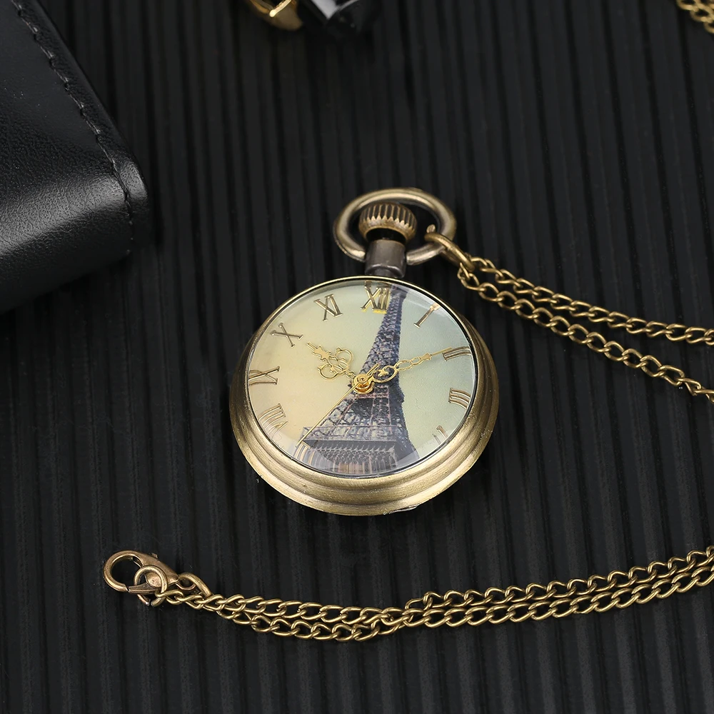 YISUYA Antique Eiffel Tower Dial Pocket Watch Men Theme Fashion Pocketwatch Kid Gift Skull Punk Open Face Quartz Watch Best Gift (12)