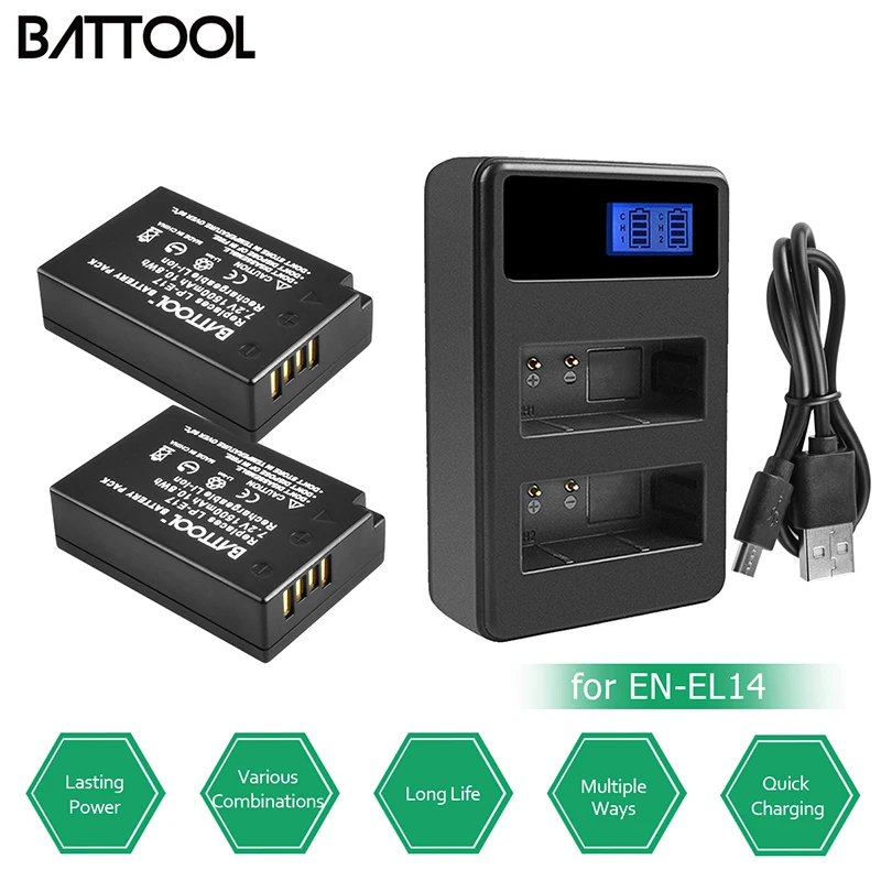 

BATTOOL 1500mAh 7.2V EN-EL14 ENEL14 EL14 Battery + LCD Dual Charger for Nikon D3100 D3200 D3300 D5100 D5200