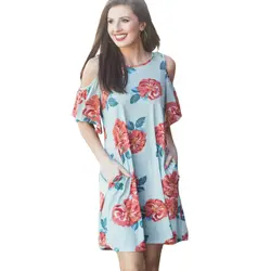 Летние Для женщин мини-платье цветочный принт в полоску с открытыми плечами шею короткий рукав онлайн качели роковой ете 2018 женское платье