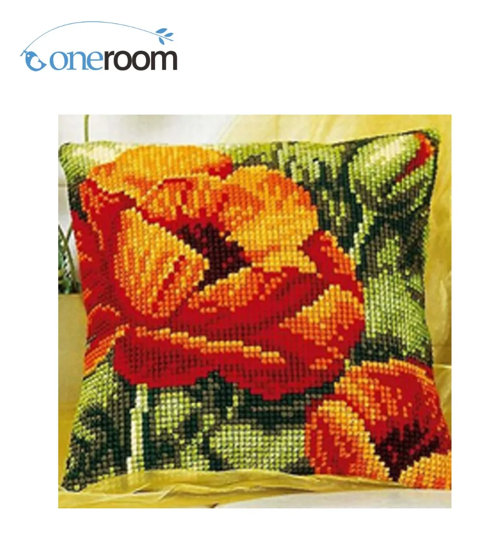 DIY Unfinished Acrylic Yarn Embroidery Pillow Poppy flowers Tapestry Canvas Cushion Front Cross Stitch Pillowcase | Дом и сад