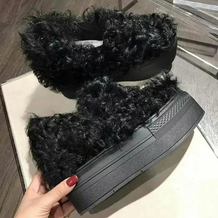 

2019 Winter Warm Fur Thick Bottom Black Women Ankle Boots Wedges Slip-on Short Plush Lining Short Boots Women