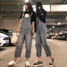 Женский комбинезон джинсы модные свободные джинсы Уличная Хип-хоп стиль бойфренд джинсы для женщин карманные брюки винтажные рваные джинсы