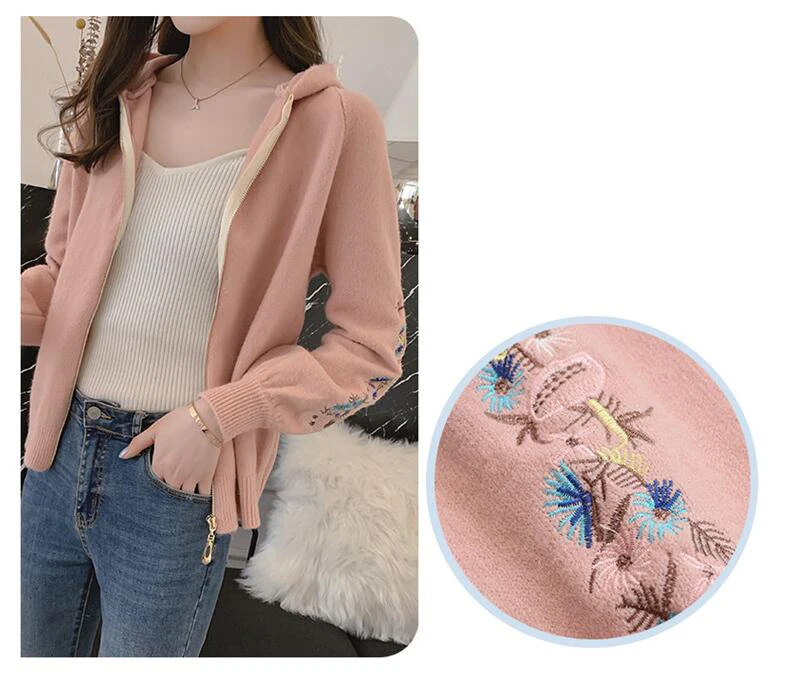 

UK 2019 Autumn Women Casual Pink Blue Zipper embroidery Cardigan Knit sweater coat