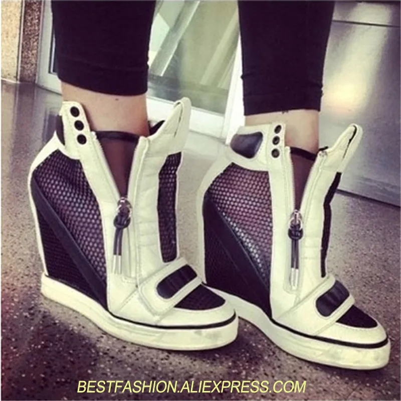 

2018 Fashion Platform Wedges Shoes Woman High Heel Shoes Women's Zip Patchwork Leather/Lace Mesh Height Increasing Casuals Shoes