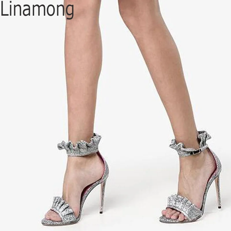 

Summer Ladies Sequins Pleated Leather Laciness Wrapped Sandals Stiletto Heels Female Gladiator Ankle Strap Sandalias Shoes