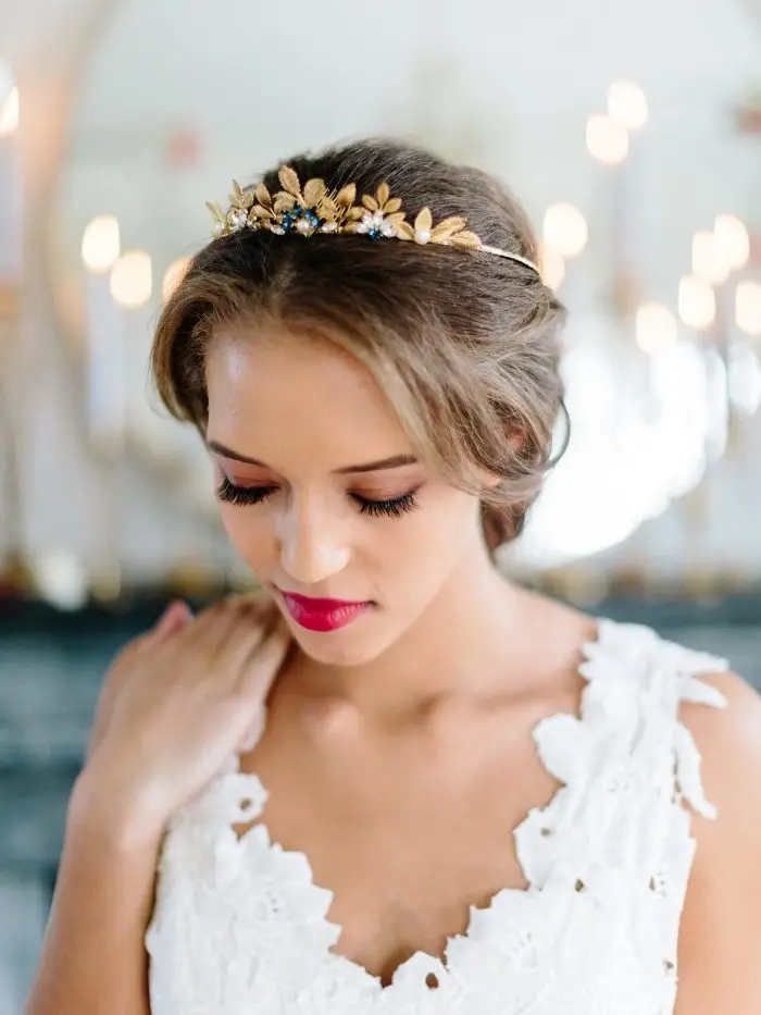 

Sapphire Gold Leaves Bohemian Bridal Tiara 2019 Spring Summer New Trends Forecast