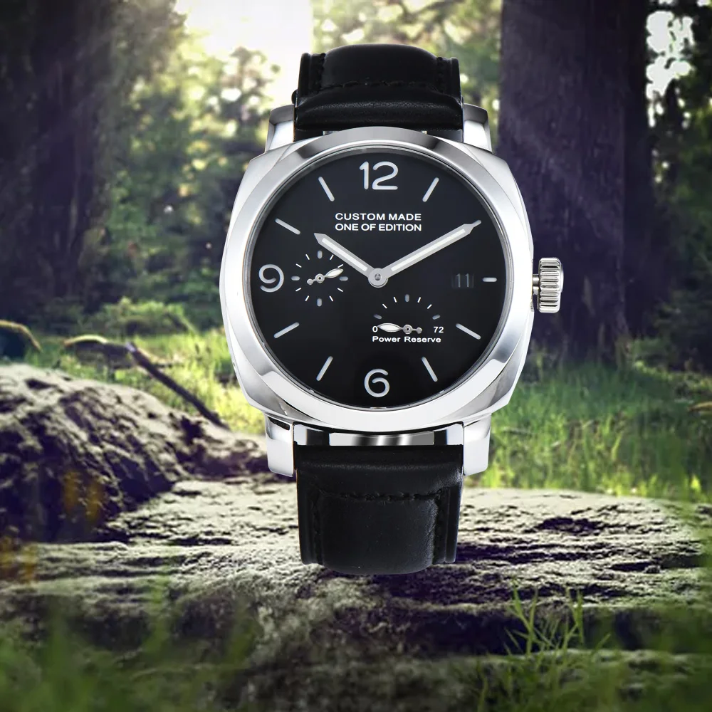 

44 mm parnis new black dial coated leather strap Power reserve indicator Date light luxury automatic movement Men watches